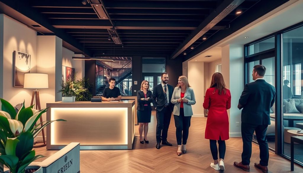 Boutique hotel reception in Kraków with staff welcoming international guests, showing tourism business ideas in Poland for foreigners