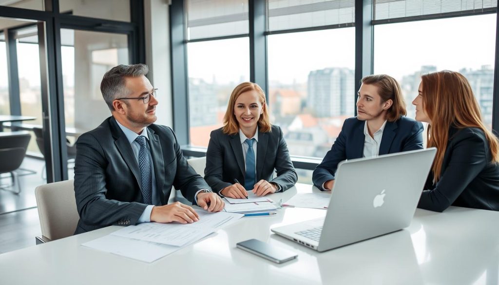 Business consultant meeting with clients in a modern Warsaw office, representing consulting business ideas in Poland for foreigners