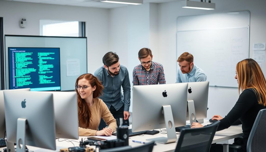 Diverse team working on IT projects in a modern Polish office space, showing top small business ideas in Poland for foreigners