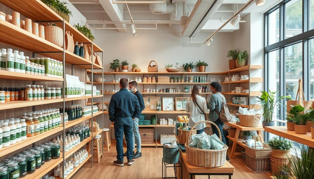 Eco-friendly product store in Poland with sustainable merchandise and environmentally conscious customers, representing green business ideas for foreigners