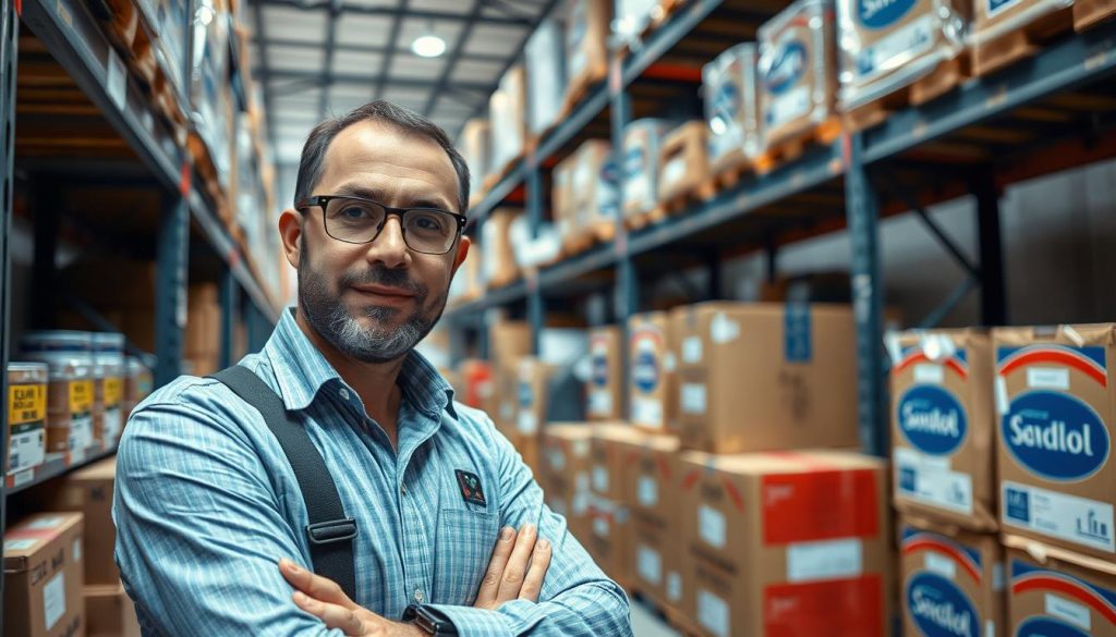Entrepreneur managing import-export operations in a Polish warehouse with international products, representing import-export business ideas for foreigners