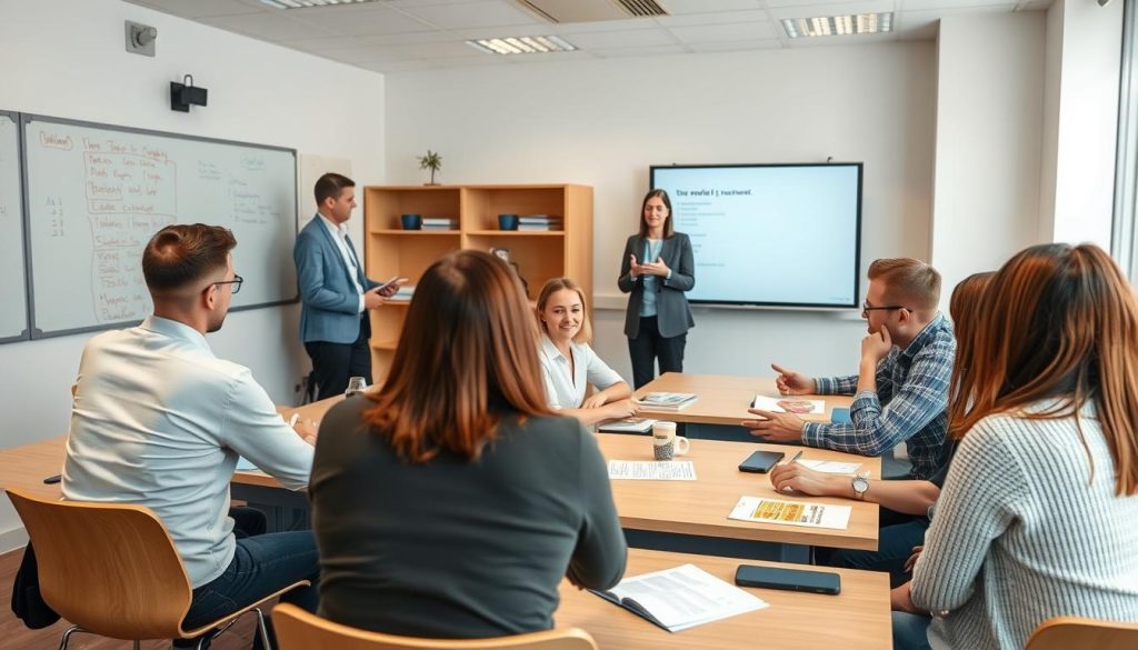 Language school classroom in Poland with international teachers and Polish students, representing language service business ideas for foreigners