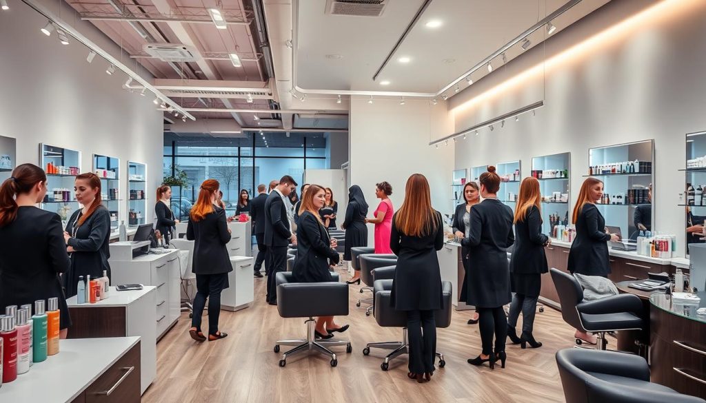 Modern beauty salon in Poland with diverse staff and clients, representing beauty business ideas for foreigners