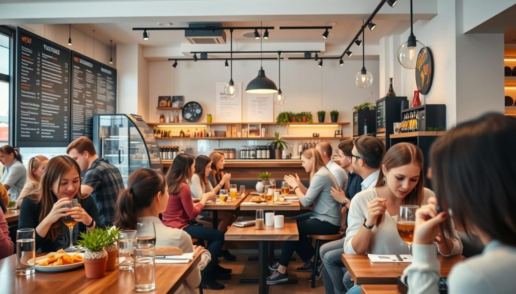 Modern café in Kraków with international menu and diverse customers, representing food business ideas in Poland for foreigners