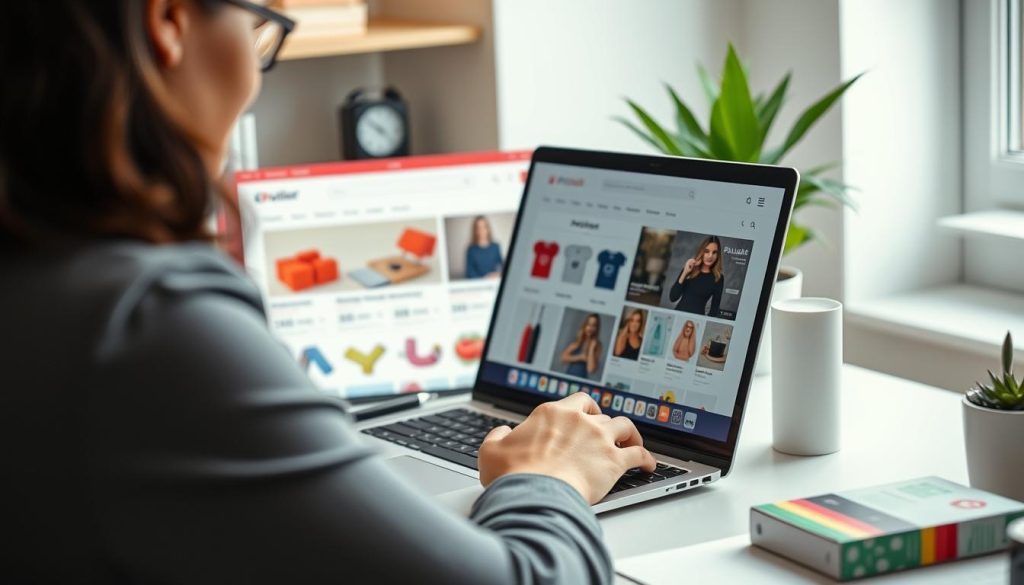 Person managing an online store on laptop with Polish products visible, representing e-commerce business ideas in Poland for foreigners