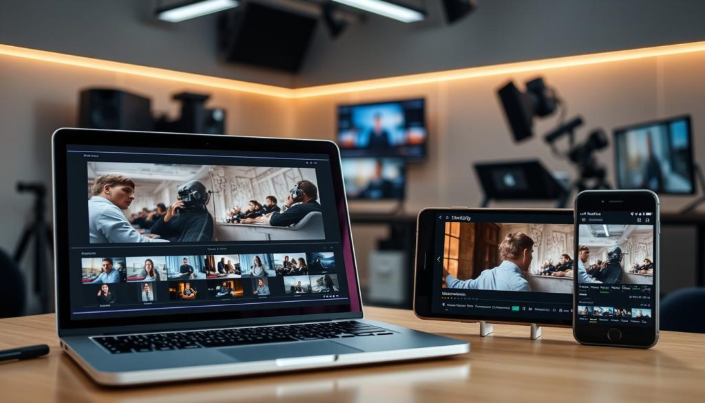 Profesjonalny showreel firmy produkcyjnej filmowej prezentowany na różnych urządzeniach Profesjonalny showreel firmy produkcyjnej filmowej prezentowany na różnych urządzeniach