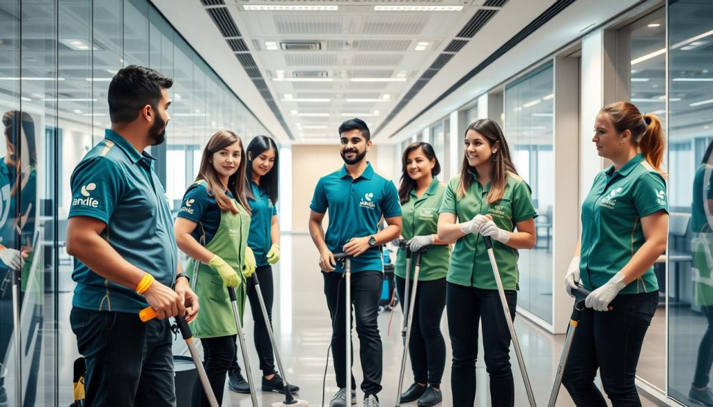 Professional cleaning team working in a Polish office building, representing cleaning business ideas in Poland for foreigners