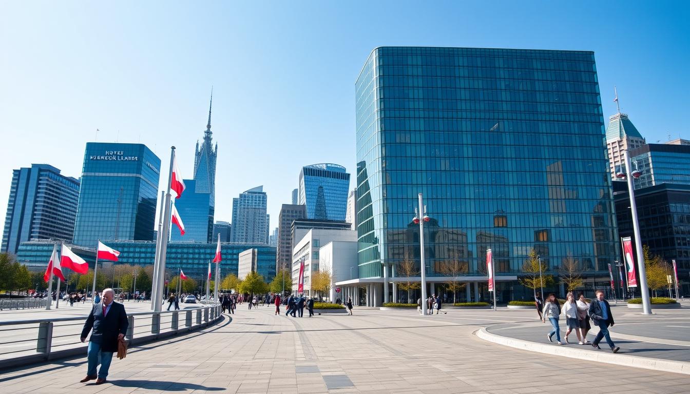 Warsaw business district skyline showing modern office buildings representing top 10 small business ideas in Poland for foreigners