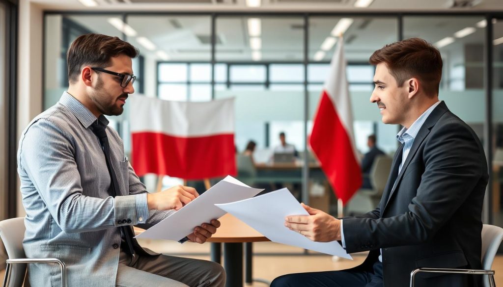 Business consultant helping client with Poland company formation Business consultant helping client with Poland company formation